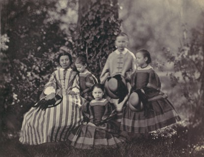 [Seated Lady in Striped Dress with Four Little Girls], 1850s-60s. Creator: Franz Antoine.