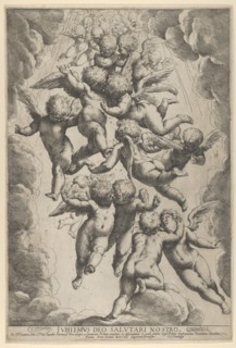 A group of angels embracing in flight, framed by clouds, ca. 1607., ca. 1607. Creator: Guido Reni.