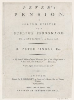 Title page, from Peter's Pension by Peter Pindar, Esq., 1787. Creator: George Kearsley.