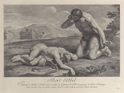 Adam kneels in grief beside the body of Abel, while Cain flees in the background, ca. ..., ca. 1729. Creator: Frédéric Horthemels.