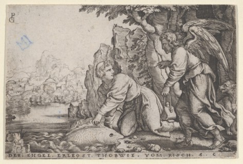 Tobiolus Catches the Fish, from The Story of Tobias, 1543. Creator: Georg Pencz.