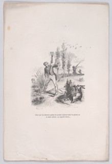 As the last grains of powder fall into the palm of his blackened hand, a superb hare... fr..., 1843. Creator: Jean Ignace Isidore Gerard.