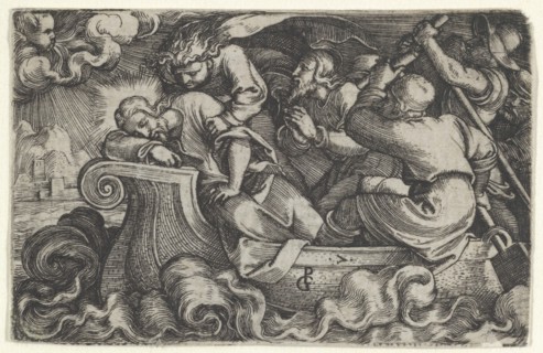 Christ Sleeping During the Storm on Lake Tiberias, from The Story of Christ, 1534-35. Creator: Georg Pencz.
