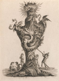 Design for a large Vase representing 'Fire', Plate 6 from: 'Neu inventierte..., Printed ca. 1750-56. Creator: Jacob Gottlieb Thelot.