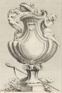 Design for a vase with a faun and a nymph, from Livre de Vases (Book of Vases), plate 1..., 1742-50. Creator: Gabriel Huquier.