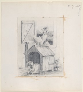 Dog in doghouse; cock singing at window, ca. 1842. Creator: Jean Ignace Isidore Gerard.