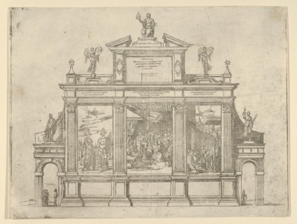 Facade of a triumphal monument with three scenes depicting deeds of Pope Clement VIII, a t..., 1598. Creator: Guido Reni.