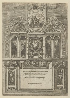 Facade of the Palazzo del Senato in Bologna with the Papal arms at center, with temporary ..., 1598. Creator: Guido Reni.