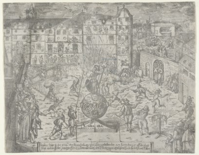 Fireworks on June 23, 1595, for the entry to Küstrin of the Margrave of Brandenburg and Du..., 1595. Creator: Georg Keller.