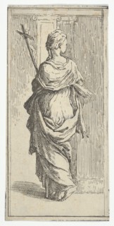 Girl carrying a crucifix and stepping toward a pilaster, seen from behind, ca. 15..., ca. 1590-1600. Creator: Guido Reni.