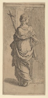 Girl carrying a crucifix and stepping toward a pilaster, seen from behind, ca. 1590-1600. Creator: Guido Reni.