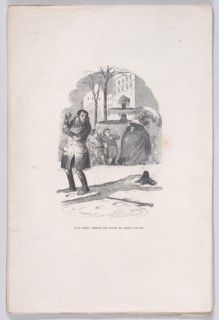 He gets up, covered from head to toe in snow. from the Little Miseries of Human Life, 1843. Creator: Jean Ignace Isidore Gerard.