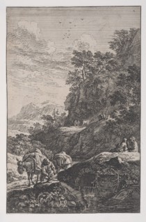 Plate 1: a peasant checking the hoof of his mule by a stream, from 'Landscapes in t..., ca. 1700-25. Creator: Franz Joachim Beich.