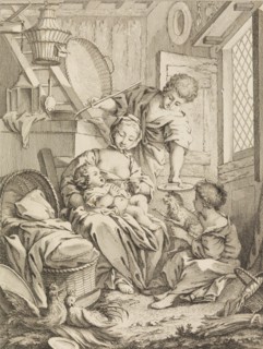 Plate 1: Young Woman Feeding her Infant, from Premier Livre de Sujets et Pastorales (Fi..., 1720-72. Creator: Gabriel Huquier.