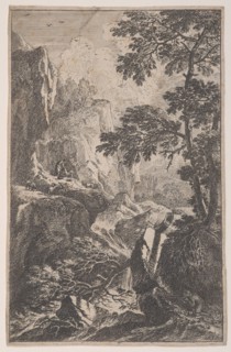 Plate 2: a hunter aiming with his gun, kneeling next to a large rock at right, a ma..., ca. 1700-25. Creator: Franz Joachim Beich.