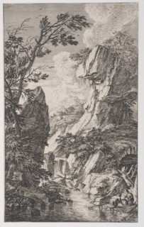 Plate 4: two fishermen on the bank of a stream at right, a waterfall at center, fro..., ca. 1700-25. Creator: Franz Joachim Beich.