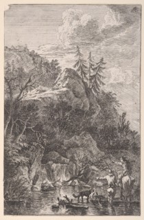 Plate 5: female figure on horseback and a male figure with a dog standing in a stre..., ca. 1700-25. Creator: Franz Joachim Beich.