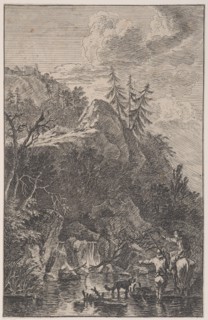Plate 5: female figure on horseback and a male figure with a dog standing in a stre..., ca. 1700-25. Creator: Franz Joachim Beich.