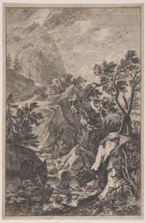 Plate 6: two male figures standing on a rock at right, a waterfall at center with a..., ca. 1700-25. Creator: Franz Joachim Beich.