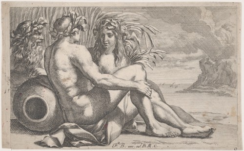River gods reclining before a seascape, 1651-82. Creator: François Bourlier.