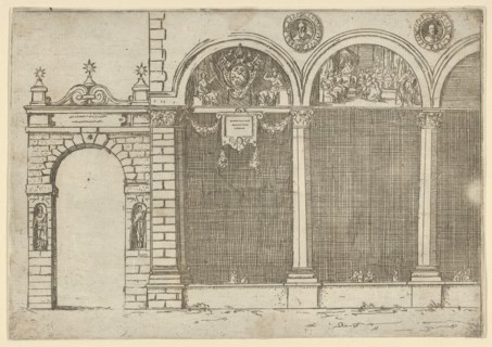 The arcade of the palace of the Archbishop of Bologna with temporary decorations for the e..., 1598. Creator: Guido Reni.