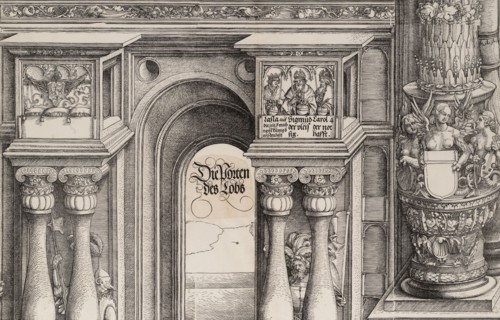The Arch in the Entryway of the Left Portal (Die Porten des Lobs); and the Outer Left Colu..., 1515. Creator: Hans Springinklee.