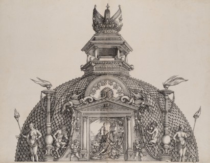The Cupola and Imperial Crown on the Central Portal, from the Arch of Honor, proof, dated ..., 1515. Creator: Hans Springinklee.