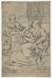 The Holy Family seated together in front of a collonade, Saint Joseph reading and..., ca. 1590-1610. Creator: Guido Reni.