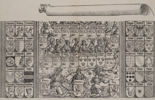 The Lower Portion of the Genealogy of Maximilian; with the Left Edge of the Scroll for the..., 1515. Creator: Hans Springinklee.