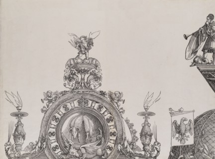 The Pinnacle of the Left Portal; and a Trumpeter and Standard from the Cupola of the Centr..., 1515. Creator: Hans Springinklee.
