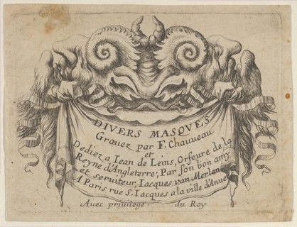 Title Plate with Two Satyr Heads, from Divers Masques, ca. 1635-45. Creator: Francois Chauveau.
