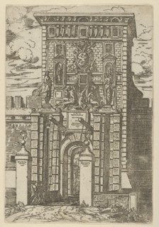 The Porta Galliera, the entrance gate to Bologna and drawbridge with temporary decorations..., 1598. Creator: Guido Reni.