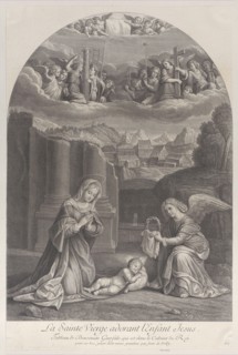 The Virgin Mary adoring the Christ child, an angel holding a crown of thorns at right,..., ca. 1729. Creator: Frédéric Horthemels.