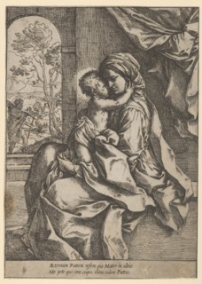 The Virgin seated with the Christ Child on her lap embracing her, Joseph seen thr..., ca. 1600-1613. Creator: Guido Reni.