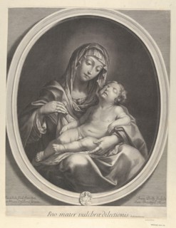 The Virgin seated with the infant Christ sleeping in her lap, in an oval frame, aft..., ca. 1655-70. Creator: François de Poilly.