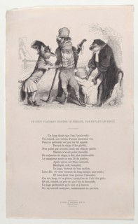 The Wolf pleading against the Fox, in front of the Monkey, ca. 1838. Creator: Jean Ignace Isidore Gerard.