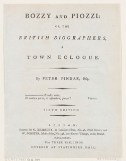 Title Page, from Bozzy and Piozzi by Peter Pindar, Esq., 1787. Creator: George Kearsley.
