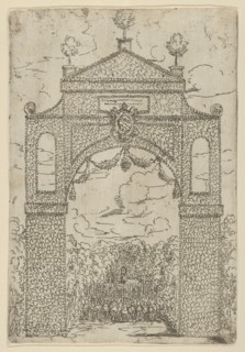 Triumphal arch covered in foliage with mounted troops below, a temporary decoration for th..., 1599. Creator: Guido Reni.