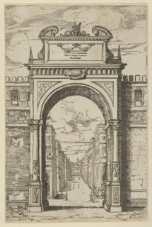 Triumphal arch surmounted by a statue of Moses, buildings seen through the arch below, a t..., 1598. Creator: Guido Reni.