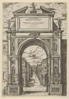 Triumphal arch surmounted by a statue representing the city of Bologna, buildings seen thr..., 1598. Creator: Guido Reni.