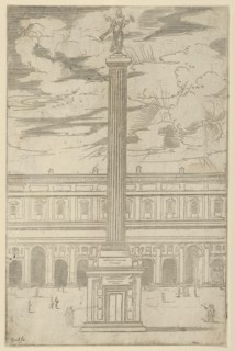 Triumphal column with female figure of Fame holding a trumpet at the top, a temporary deco..., 1598. Creator: Guido Reni.