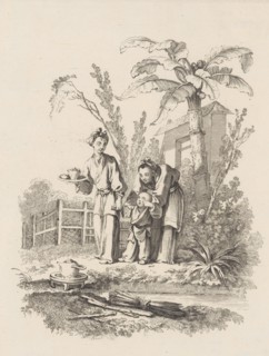 Two Women Leading a Child toward a Teapot on a Table near a Pond, ca. 1742. Creator: Gabriel Huquier.