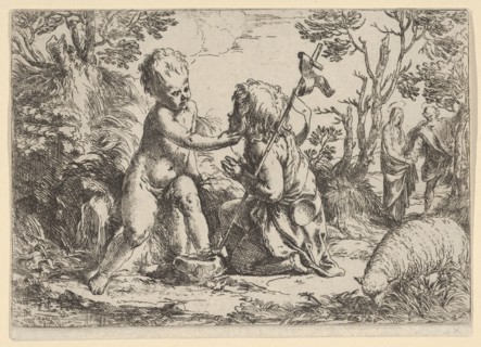 Young Saint John the Baptist kneeling before the infant Christ who caresses his f..., ca. 1600-1640. Creator: Guido Reni.
