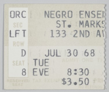 Ticket stub for Song of the Lusitanian Bogey and Daddy Goodness, July 30, 1968. Creator: Unknown.