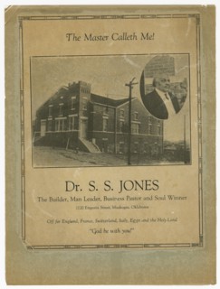 Flier advertising S.S. Jones farewell meeting, ca. 1924. Creator: Unknown.