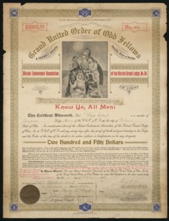 Certificate of endowment for the Grand United Order of Odd Fellows, October 15, 1908. Creator: Unknown.