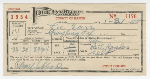 Poll tax receipt for Lee Carr from Hardin County, Texas, 1955. Creator: Unknown.