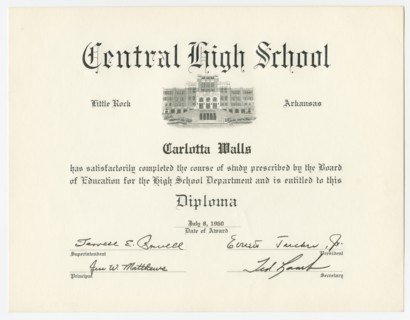 Diploma for Carlotta Walls from Little Rock Central High School, July 8, 1960. Creator: Unknown.