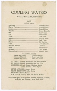 Cast listing for Shearer Summer Theatre's production of Cooling Waters, 1948. Creator: Unknown.