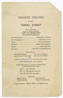 Cast list for the Shearer Players' production of Angel Street, 1951. Creator: Unknown.